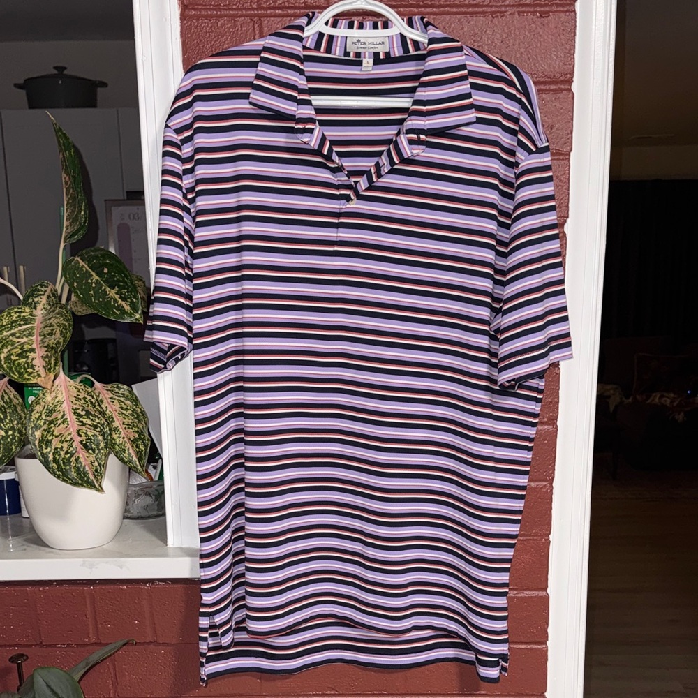 Peter Millar Men's Short-Sleeve Polo in Purple, Navy, Res, and White Stripes